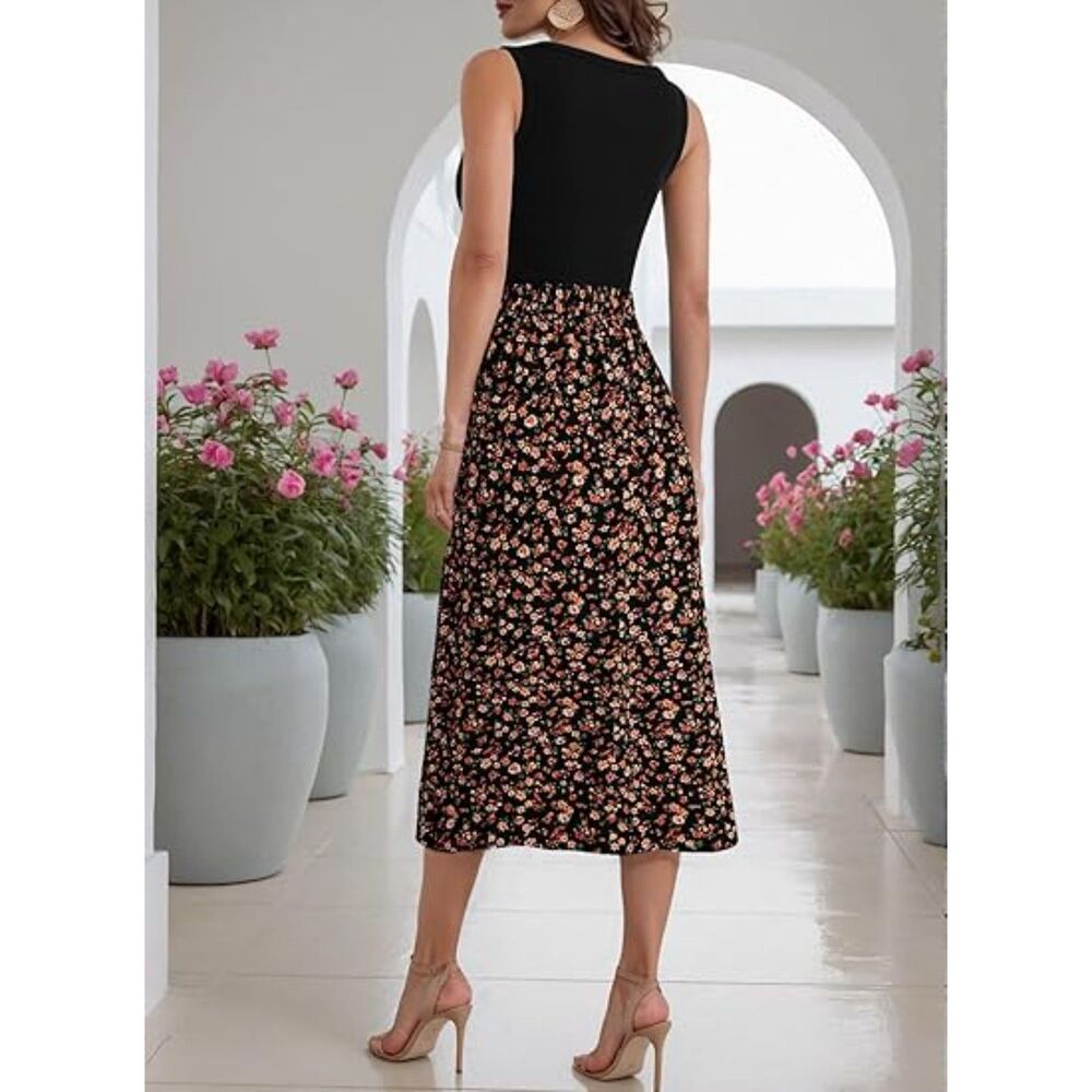 Sleeveless Tank,Boho Tie Knot Elastic Waist Midi Skirt Set, SMALL, 7O-151SET001 - Picture 2 of 2